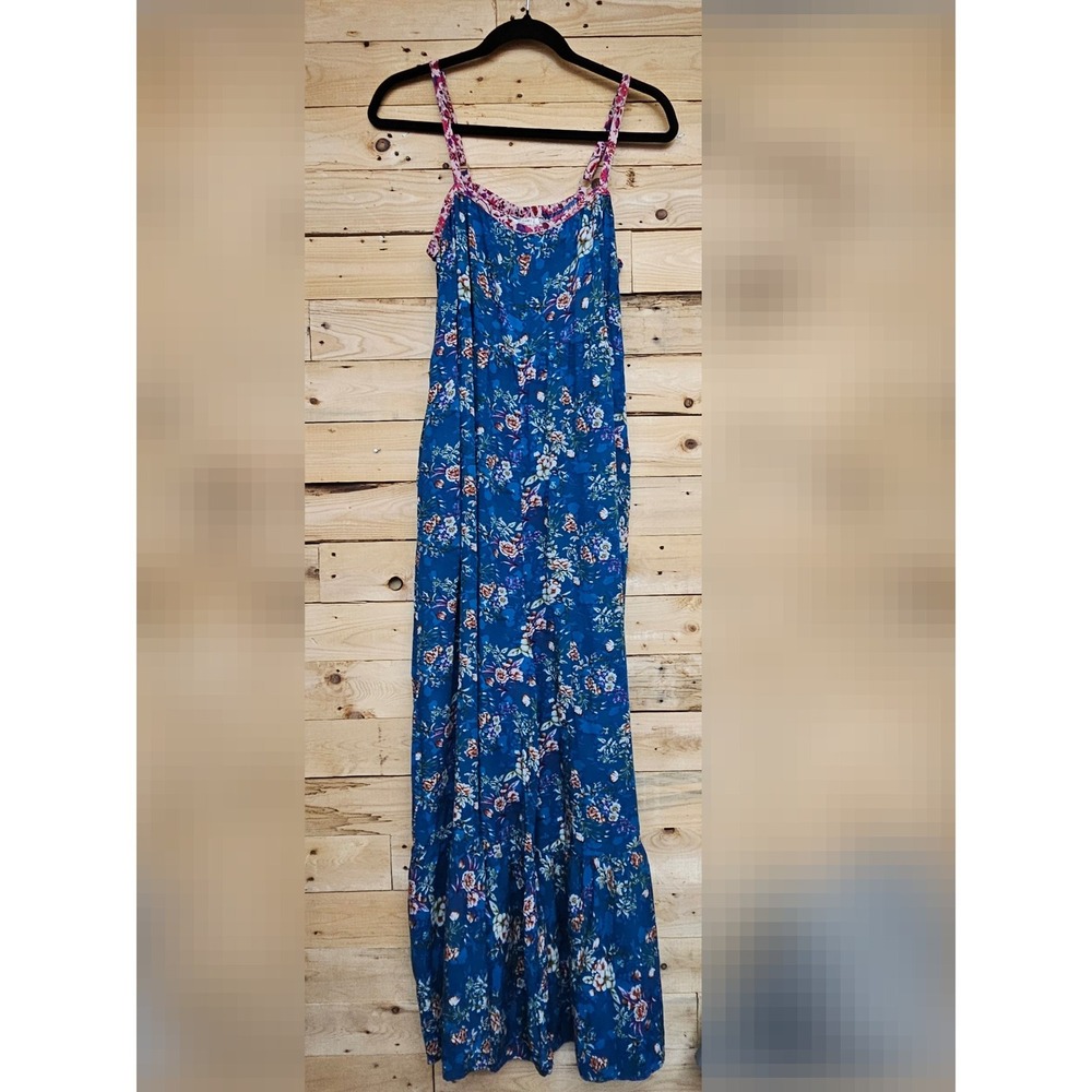 Natural Life Stephanie Jumpsuit Large Blue Floral Wide Leg Boho Ruffle Hem